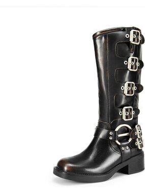 Women's Black Knee High Riding Boots Side Zipper Motorcycle Boots